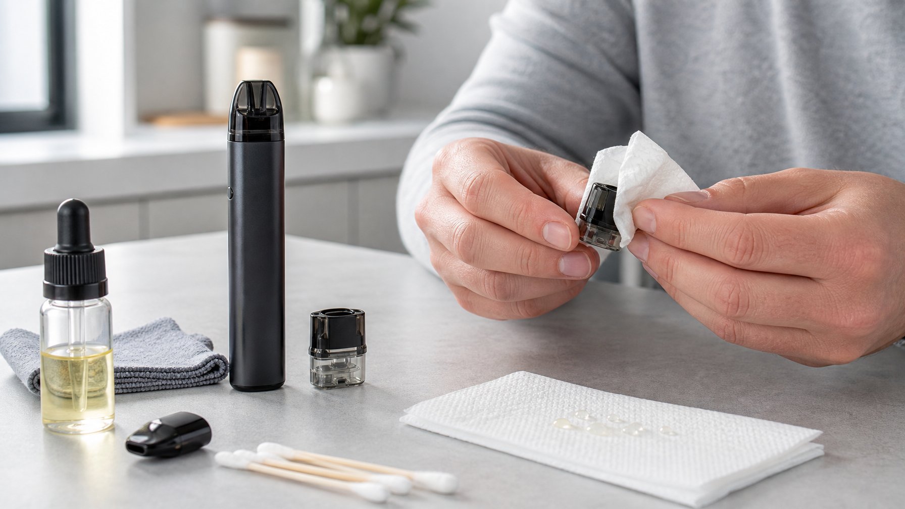 Tangan orang dewasa membersihkan perangkat vape dan corongnya di atas meja bersama perlengkapan perawatan.
