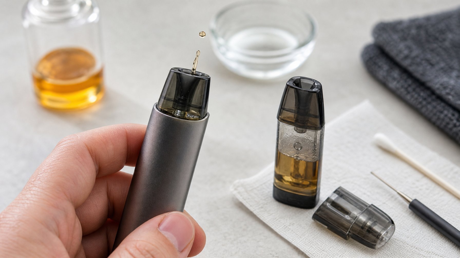 Tangan memegang vape dengan percikan cairan kecil dari bagian corong di atas meja.