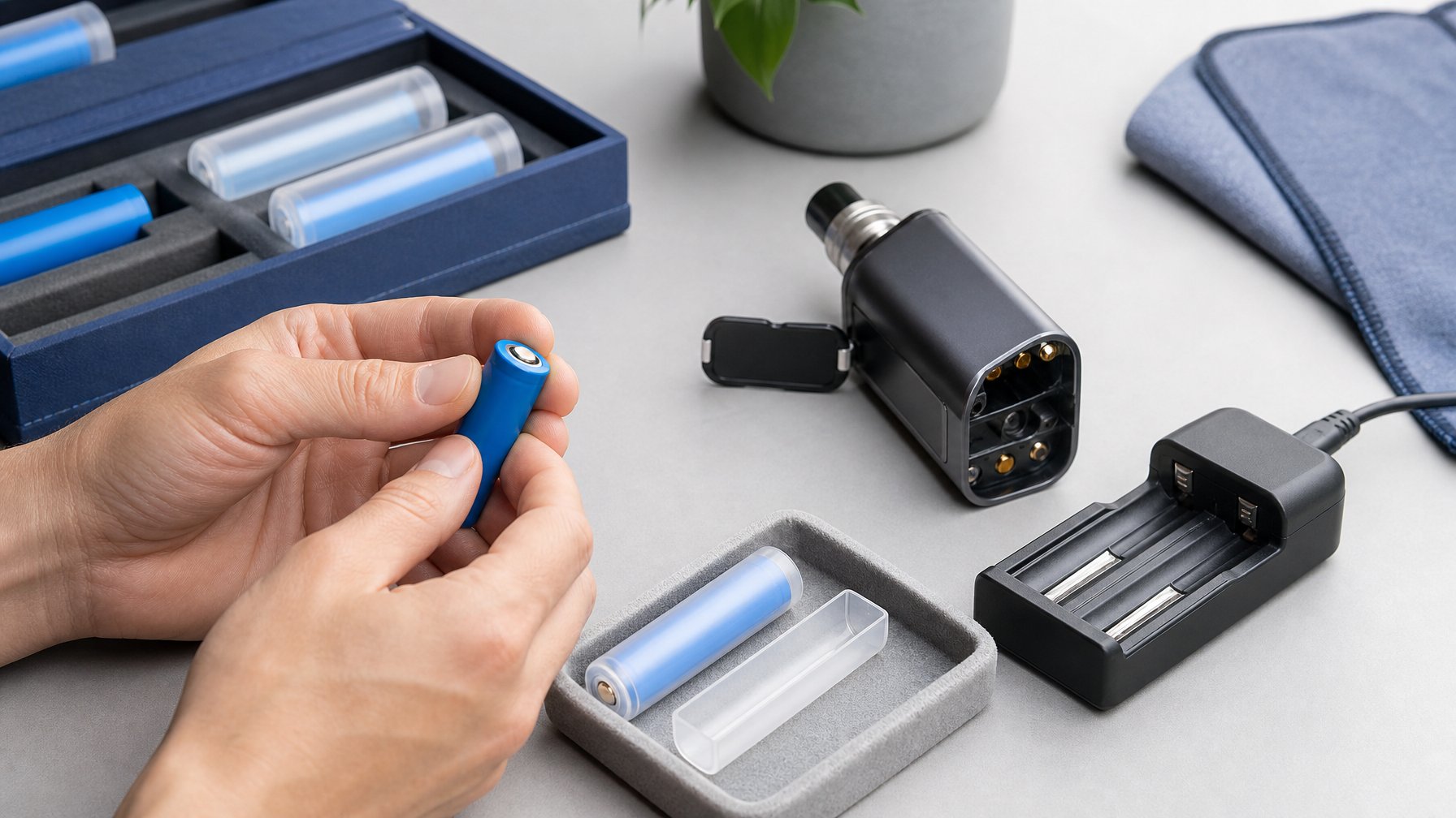 Baterai vape diperiksa dan disimpan dalam wadah pelindung di ruang kerja yang rapi.
