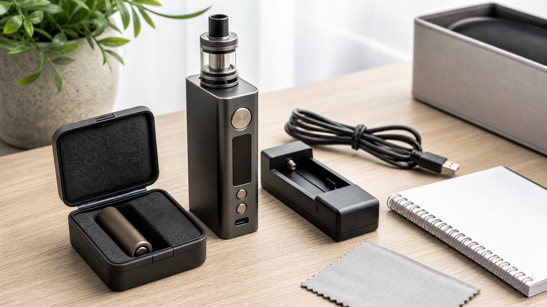 Baterai vape, perangkat vape, pengisi daya, dan kotak penyimpanan pelindung tertata aman di atas meja.