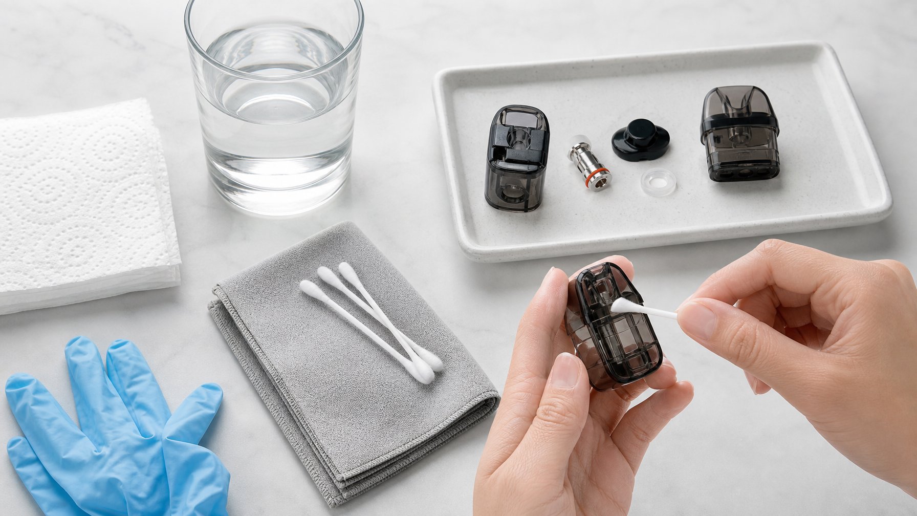 Tangan membersihkan cartridge pod yang sudah dibongkar menggunakan cotton bud di atas meja dengan perlengkapan pembersih.