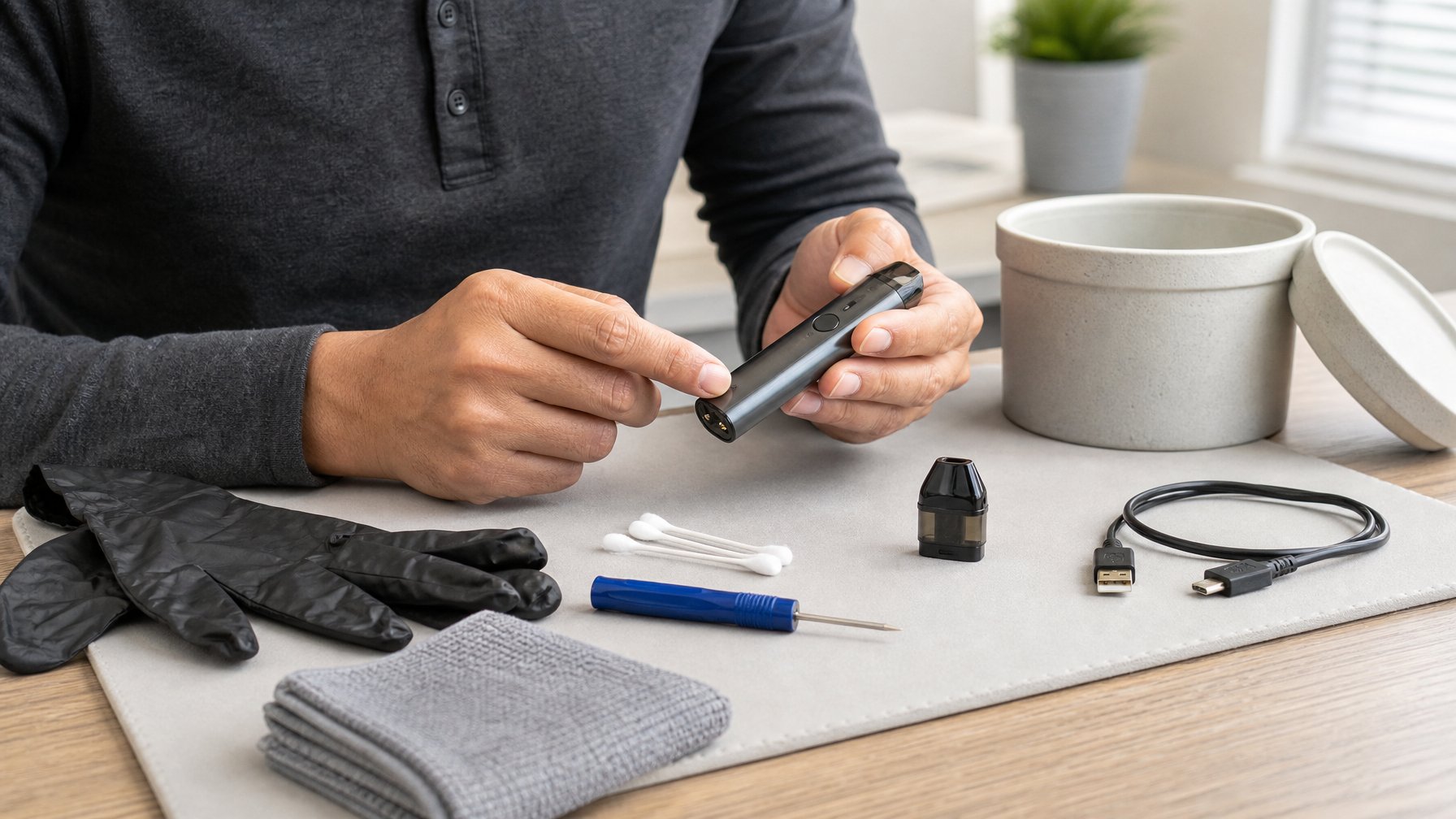 Tangan memeriksa perangkat vape pod yang telah dimatikan di atas meja kerja dengan perlengkapan keselamatan.