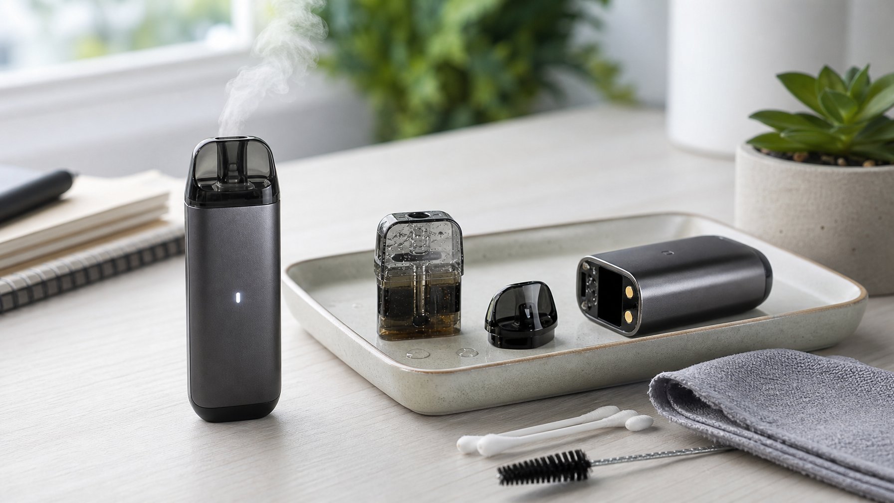 Pod vape dengan lampu indikator menyala, kondensasi, serta perlengkapan pembersih di atas meja untuk pemeriksaan auto fire.