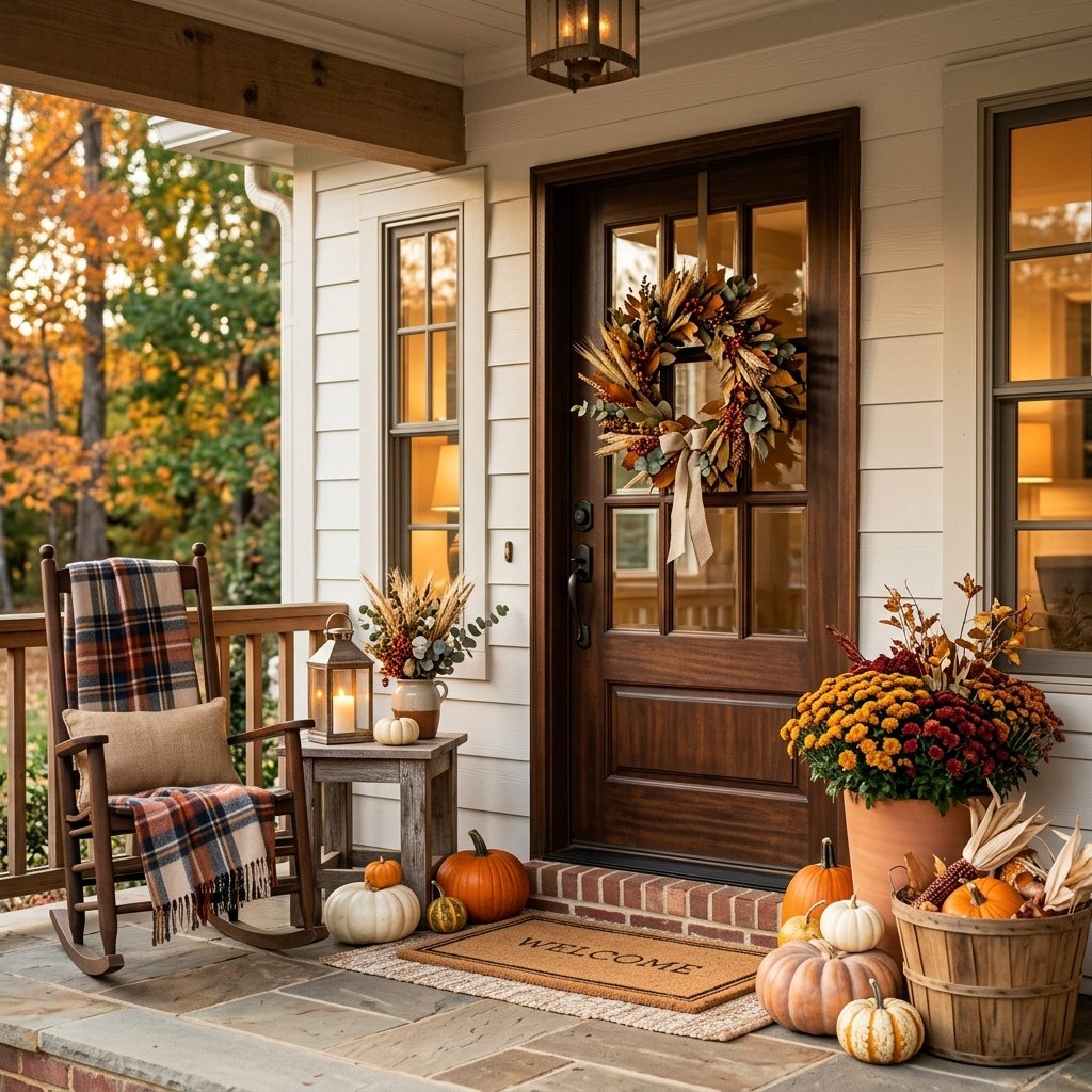A welcoming front porch decorated with pumpkins, autumn flowers, a wreath, lanterns, and a cozy chair.