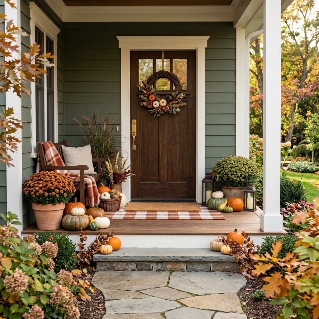 A coordinated fall-decorated front porch with pumpkins, potted flowers, a bench, and a seasonal wreath.