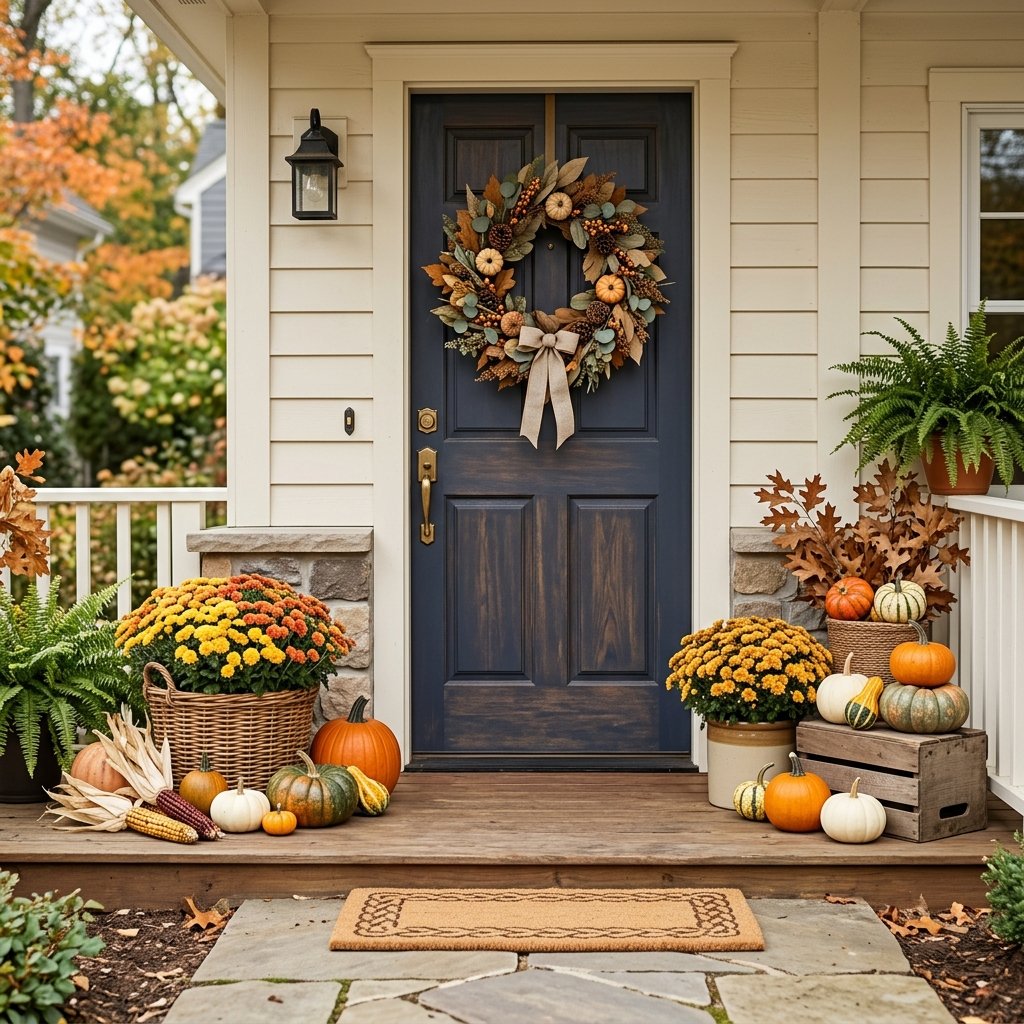 A welcoming front porch decorated with pumpkins, mums, a wreath, and a seasonal doormat.
