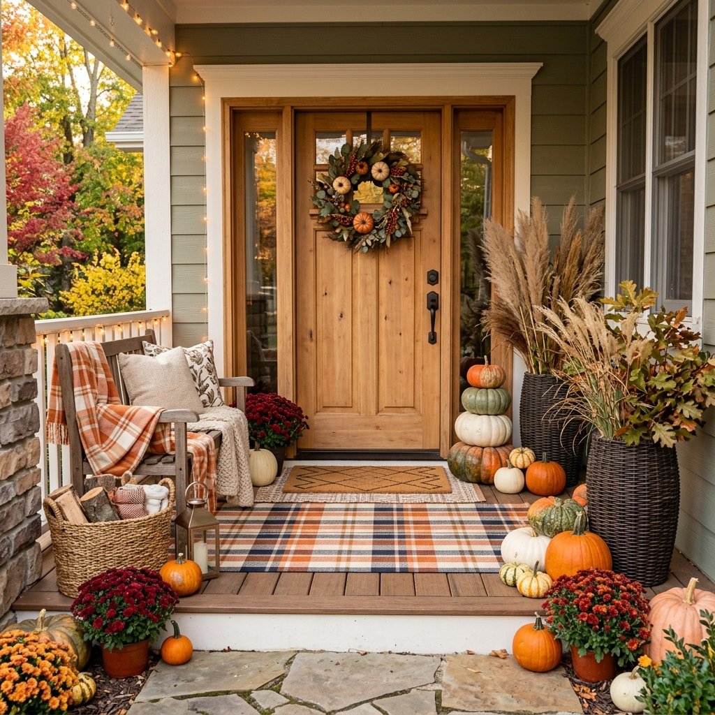 A cozy fall-decorated front porch with layered rugs, pumpkins, tall plants, baskets, and textured seating.