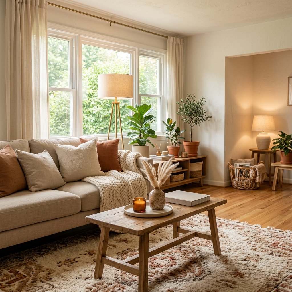 A warmly decorated living room with a sofa, cushions, a coffee table, soft lighting, plants, and a rug.