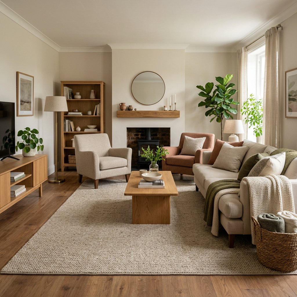 A warm, cozy living room with comfortable seating, soft textiles, natural wood furniture, plants, and gentle lighting.