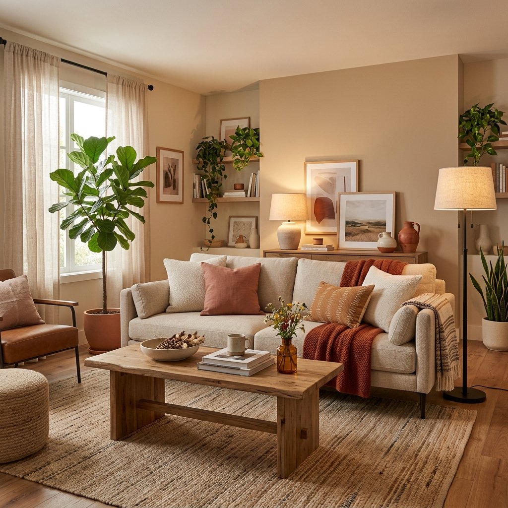 A warm, inviting living room with a neutral sofa, rust-colored accents, natural wood furniture, soft lighting, and indoor plants.