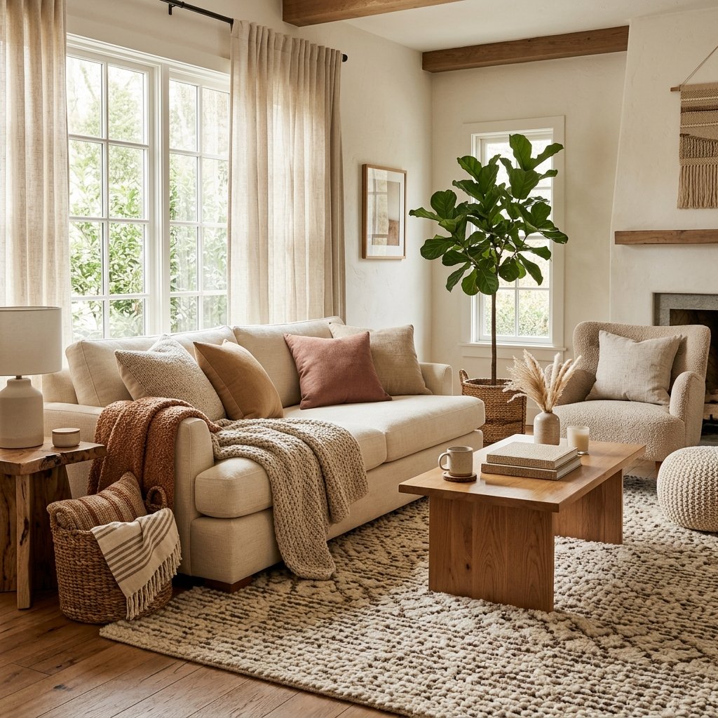 A warm living room with a soft sofa, textured blankets and cushions, a cozy rug, natural wood furnishings, and sunlight through the windows.