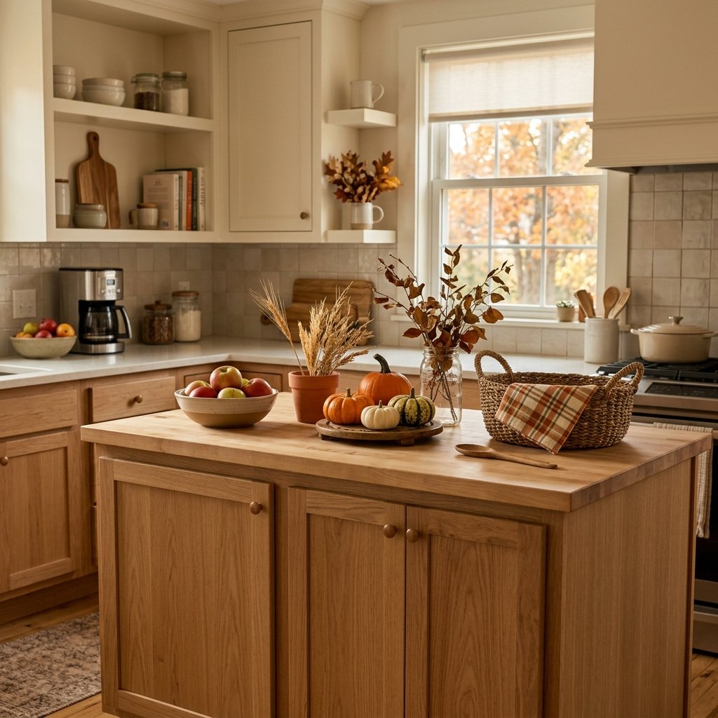 A cozy kitchen decorated with pumpkins, autumn leaves, dried wheat, apples, and warm seasonal textiles.