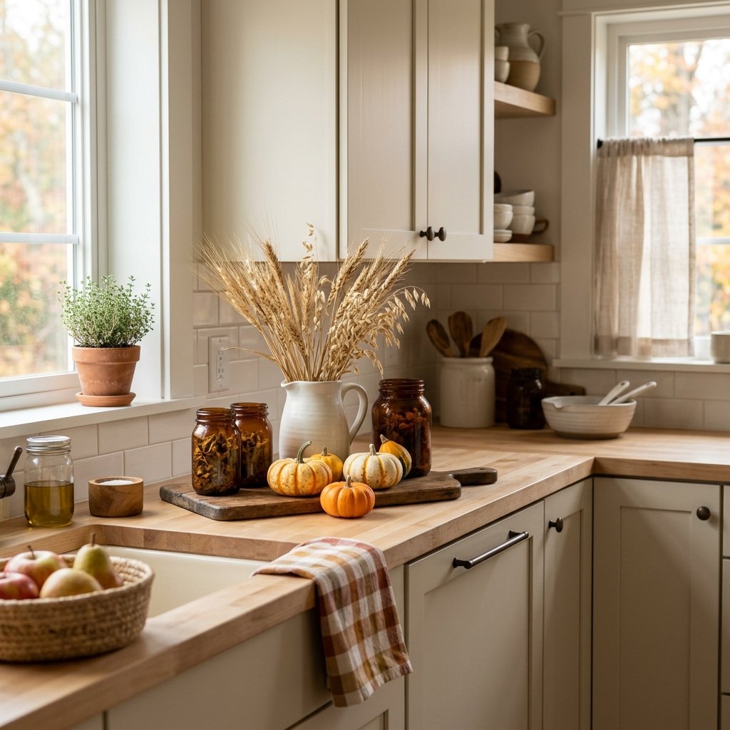 A kitchen counter decorated with pumpkins, dried wheat, apples, and warm fall-colored accessories.