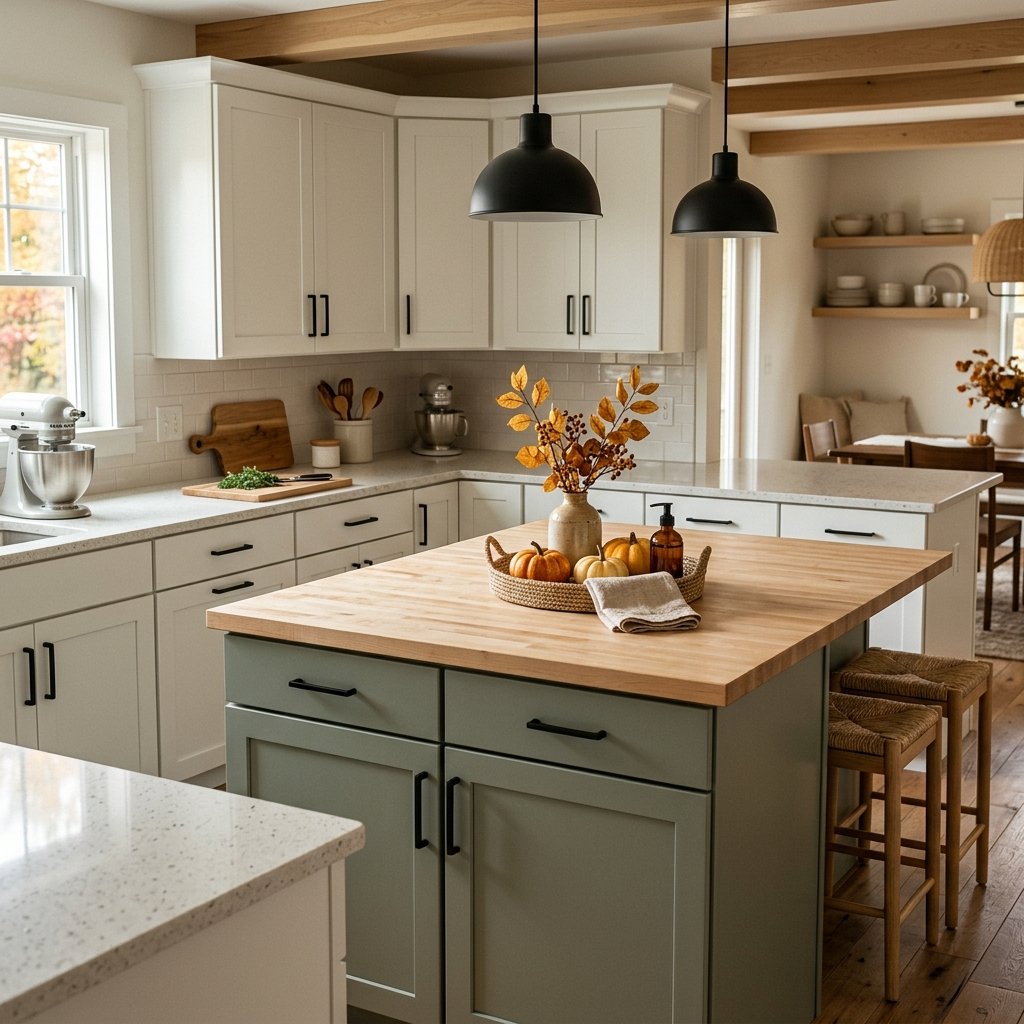 A bright fall-decorated kitchen with refreshed countertops, a central island, and clear workspace.
