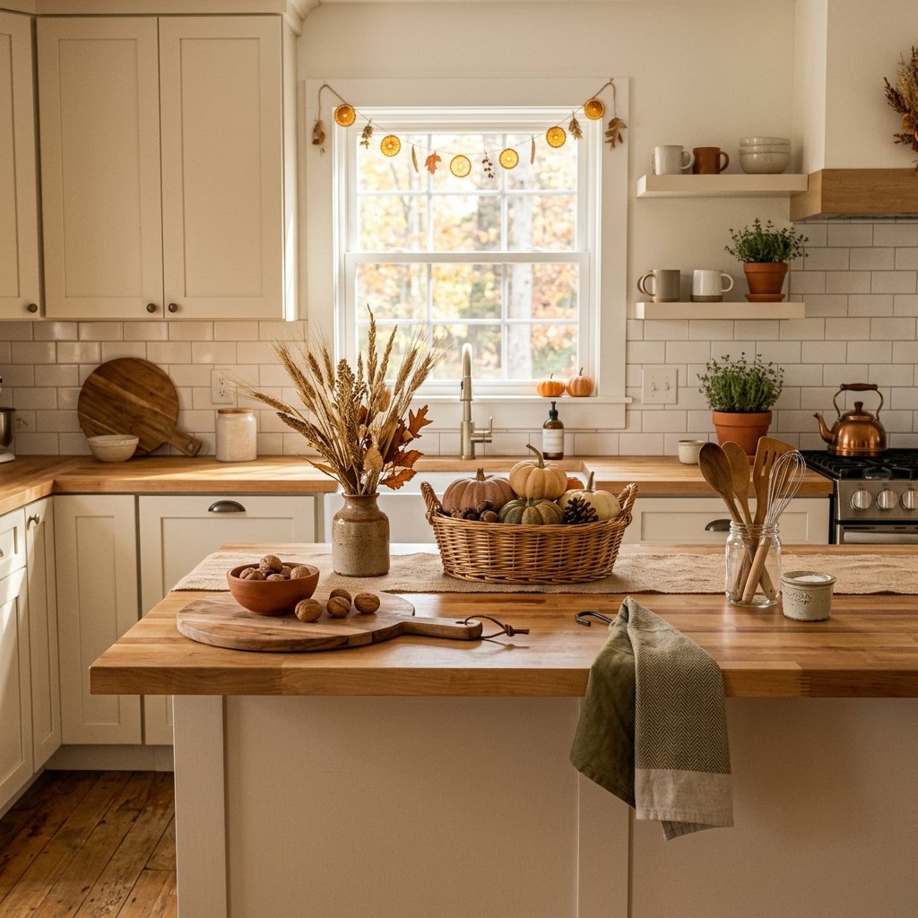 A bright kitchen decorated with pumpkins, dried grasses, pinecones, woven textures, and other natural fall materials.
