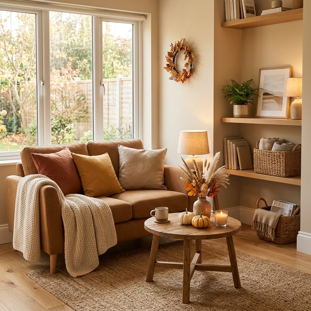 A small cozy living room decorated with warm autumn colors, seasonal accents, and soft natural light.