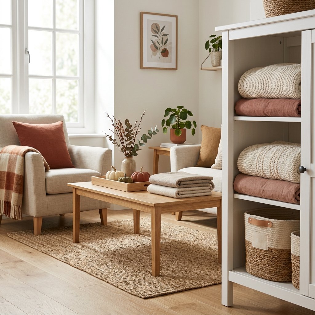 An organized small living room with neutral furnishings, neatly stored items, and subtle autumn decorations.