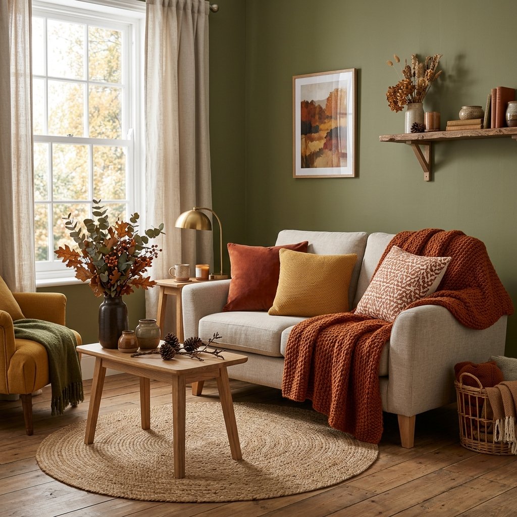A small living room decorated with warm autumn colors, layered textiles, dried foliage, and natural wood accents.