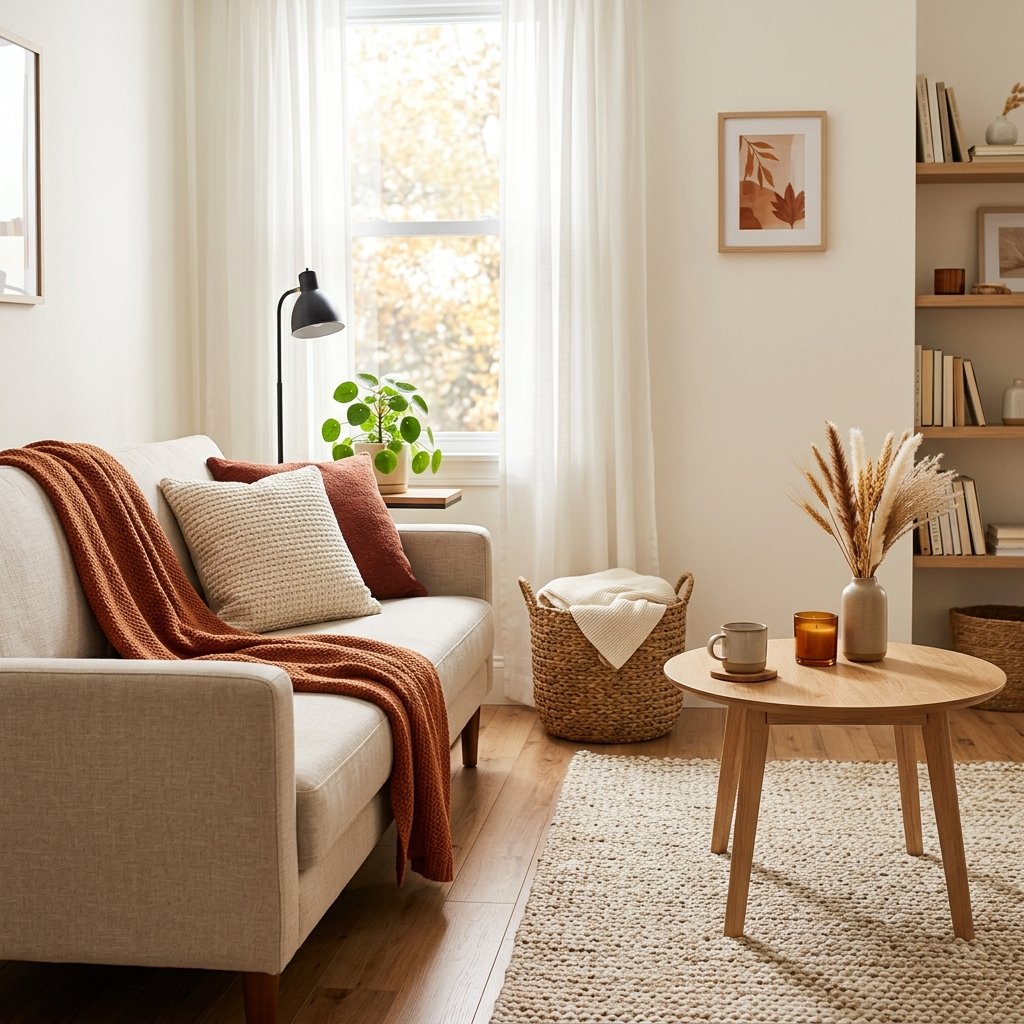 A small living room arranged with cozy autumn decor, a neutral sofa, warm blankets, and uncluttered furniture.