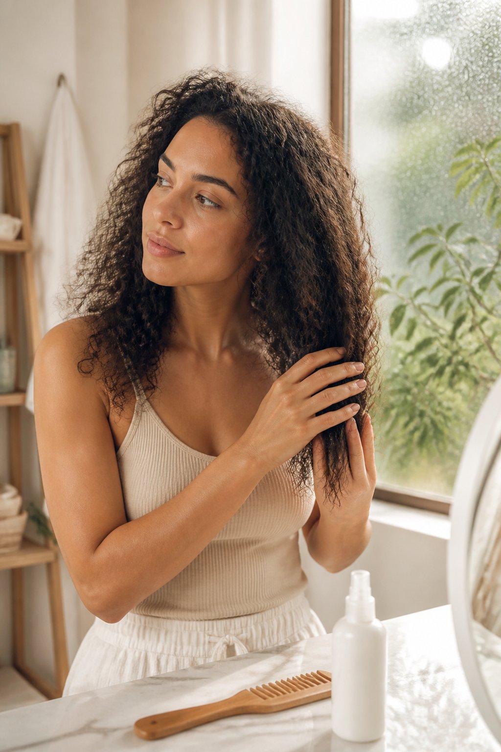 A woman applies smoothing hair serum to control frizz in a humid bathroom.