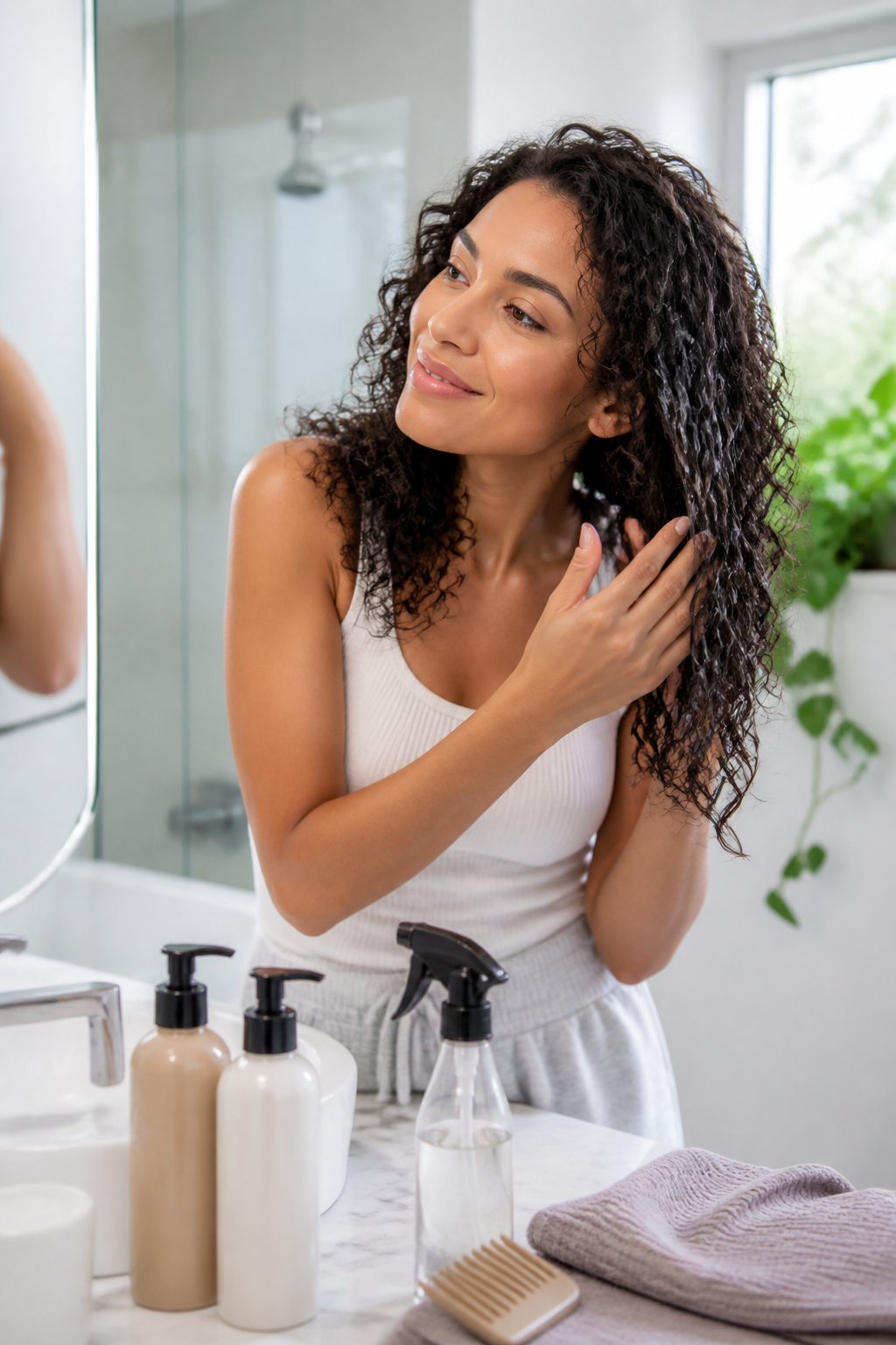 Woman with curly hair applies conditioner in a bright bathroom while hair-care products sit on the vanity.