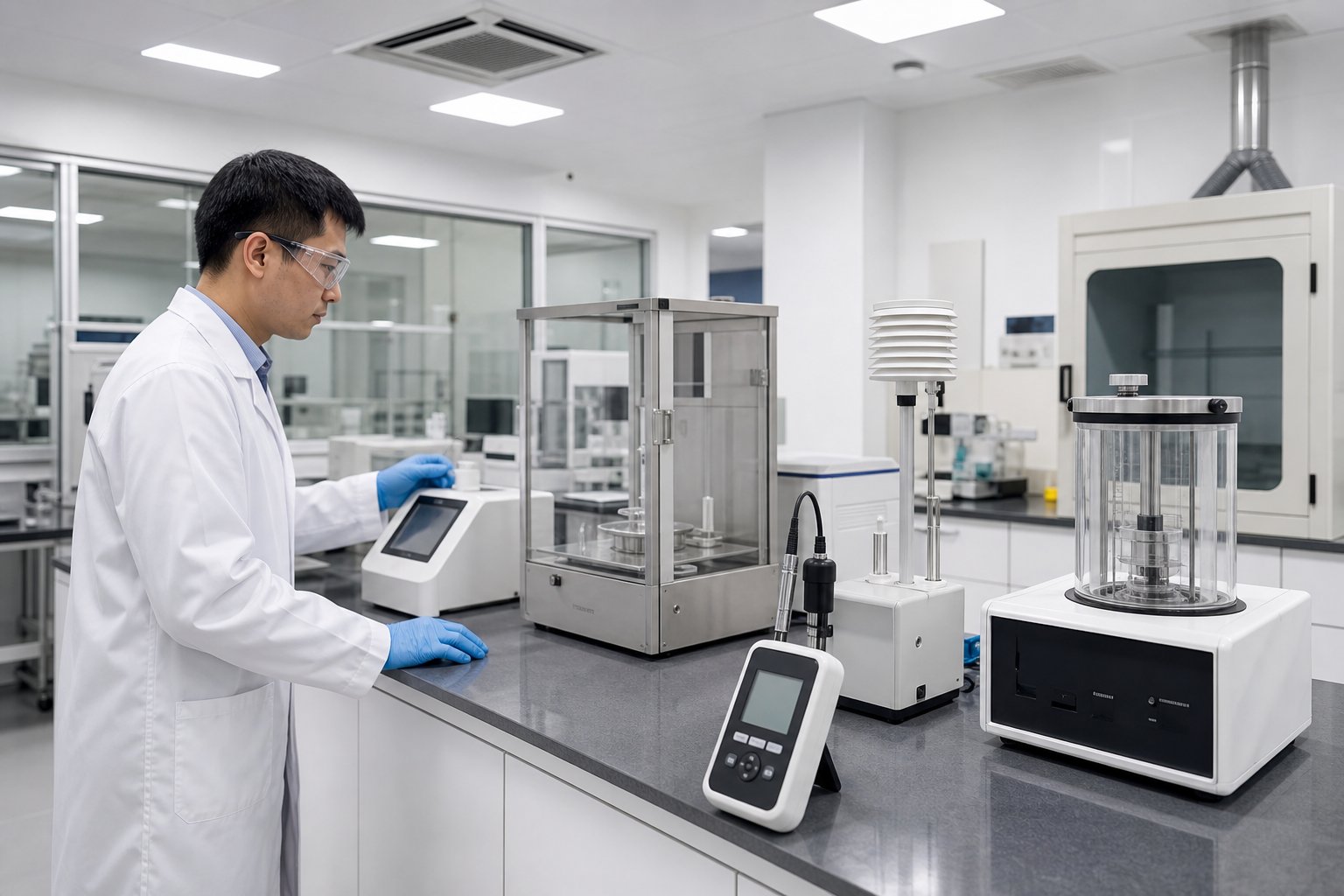 Scientist monitoring ISO 17025 environmental conditions and precision instruments in a clean laboratory.
