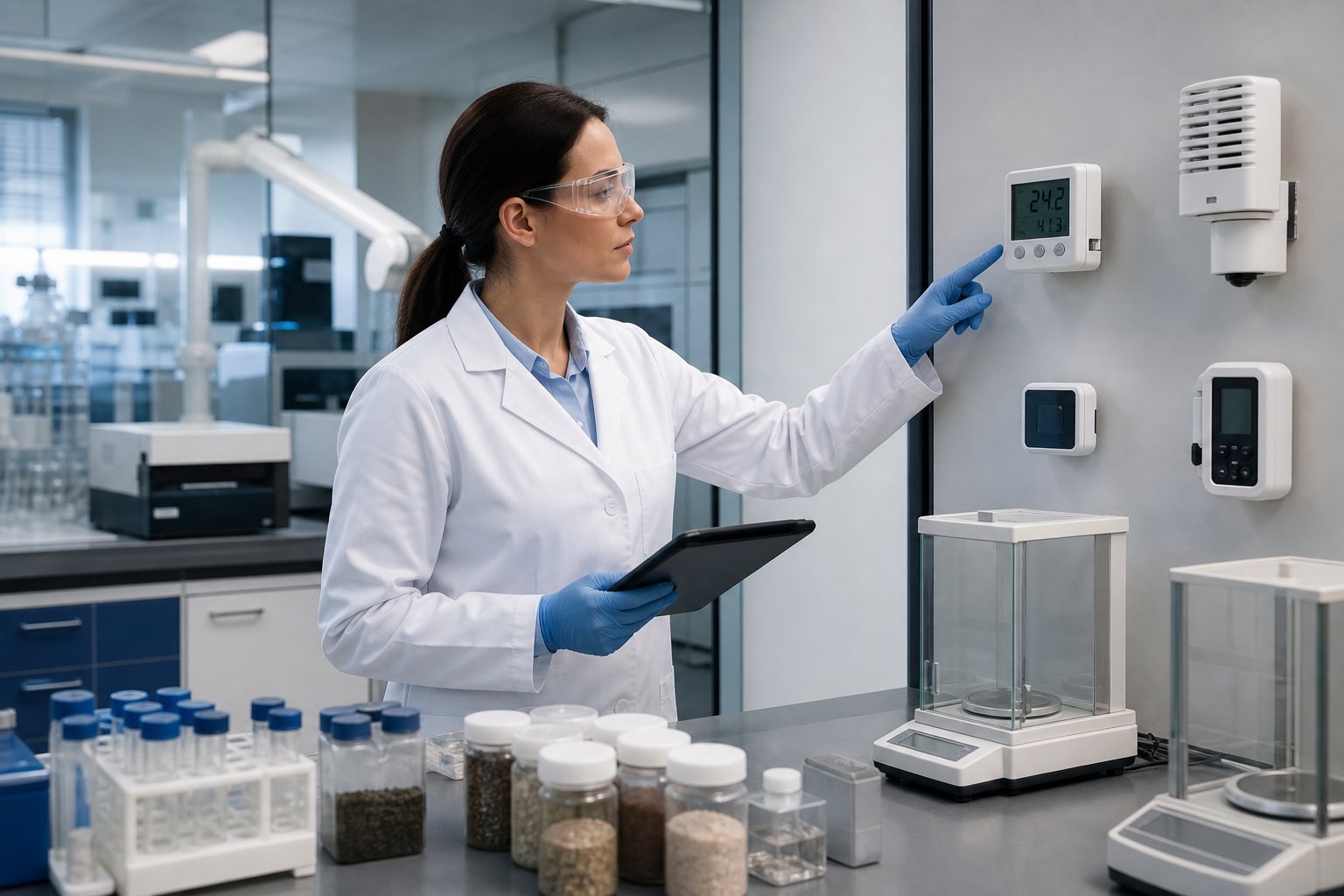 Laboratory technician monitoring ISO 17025 environmental conditions near precision testing equipment in a clean analytical laboratory.
