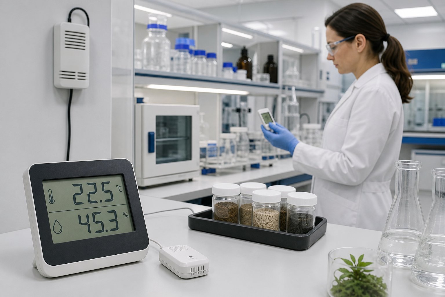 A laboratory technician checks temperature and humidity and other ISO 17025 environmental conditions monitoring equipment in a clean testing laboratory.
