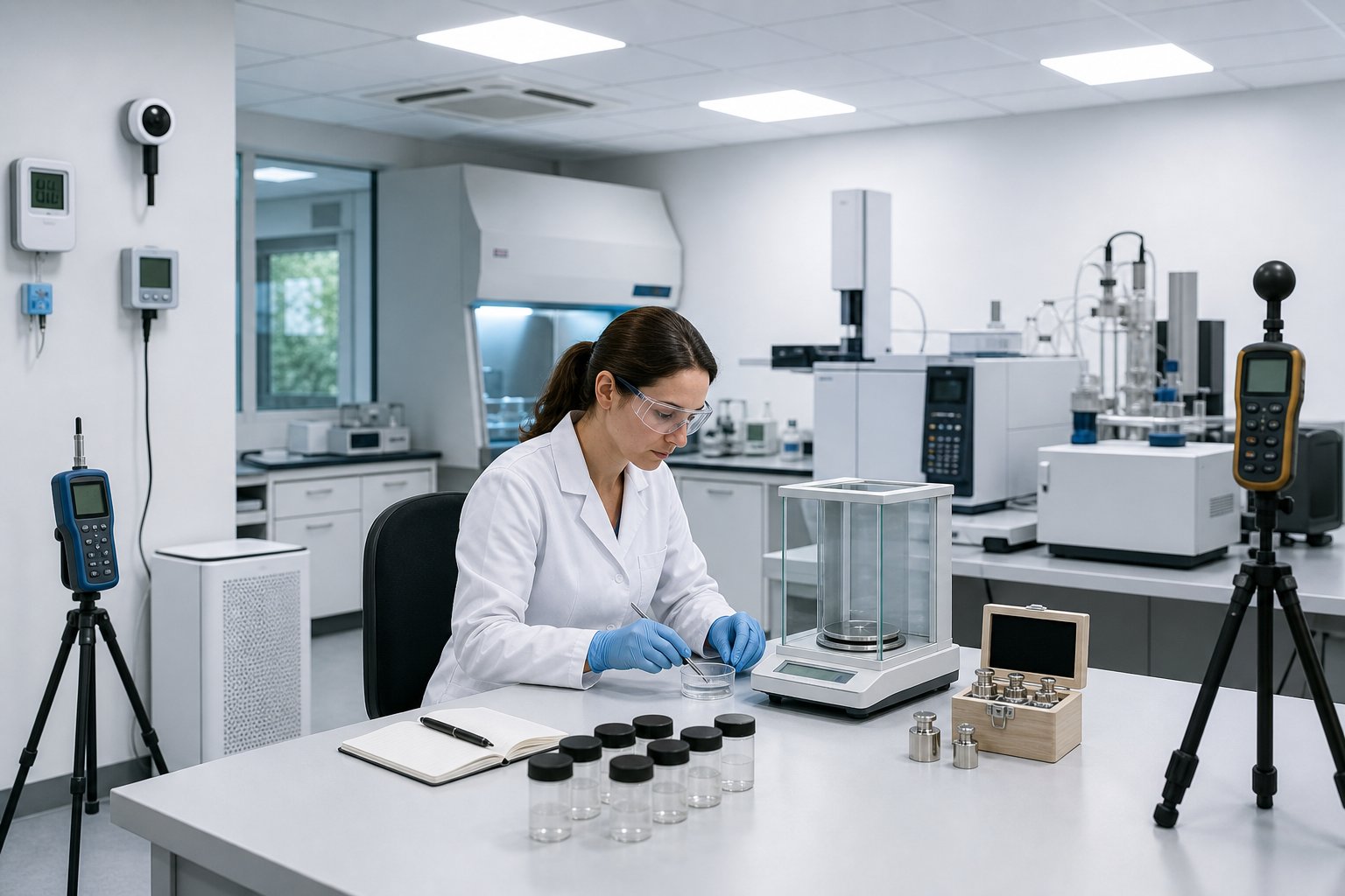 Technician monitoring samples and ISO 17025 environmental conditions in a modern laboratory.