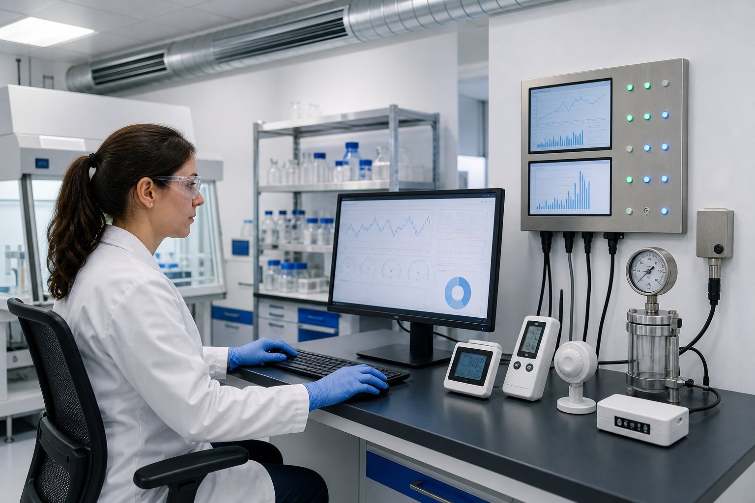 A laboratory technician reviews ISO 17025 environmental conditions data beside temperature, humidity, pressure, and air quality monitoring instruments.