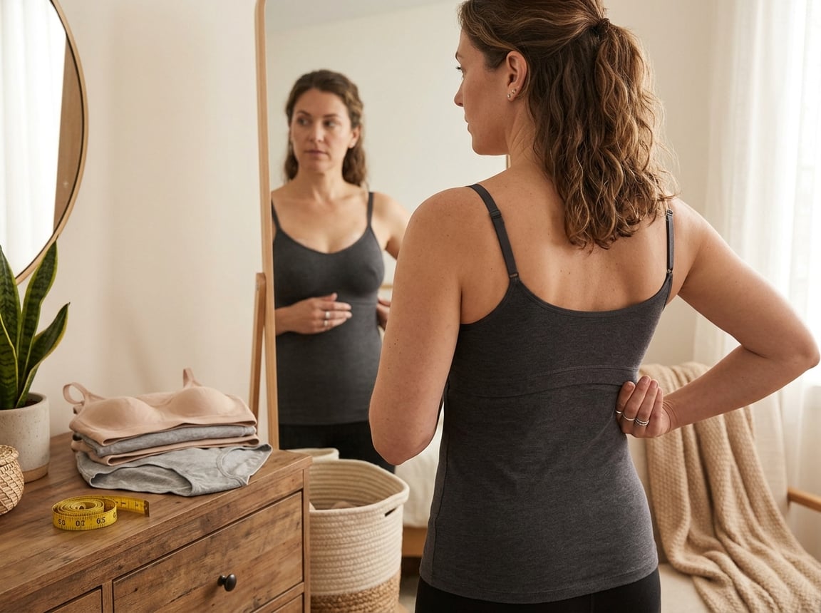 Woman checking a bra band that has ridden up in a mirror.