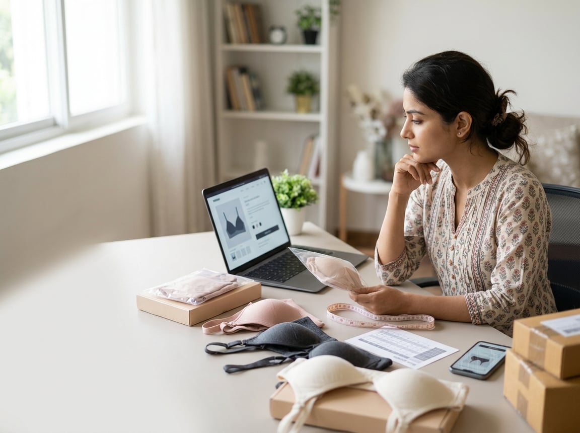 A South Asian woman compares bras and online shopping options at a desk with a laptop, measuring tape, and packaged items.