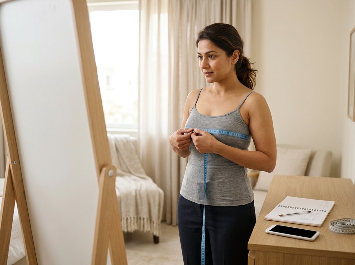 A woman measures her bust with a flexible tape measure in front of a mirror while preparing to shop for a bra online.