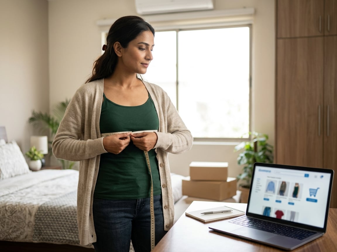 Pakistani woman measuring her ribcage beside a laptop while choosing a well-fitting bra online.