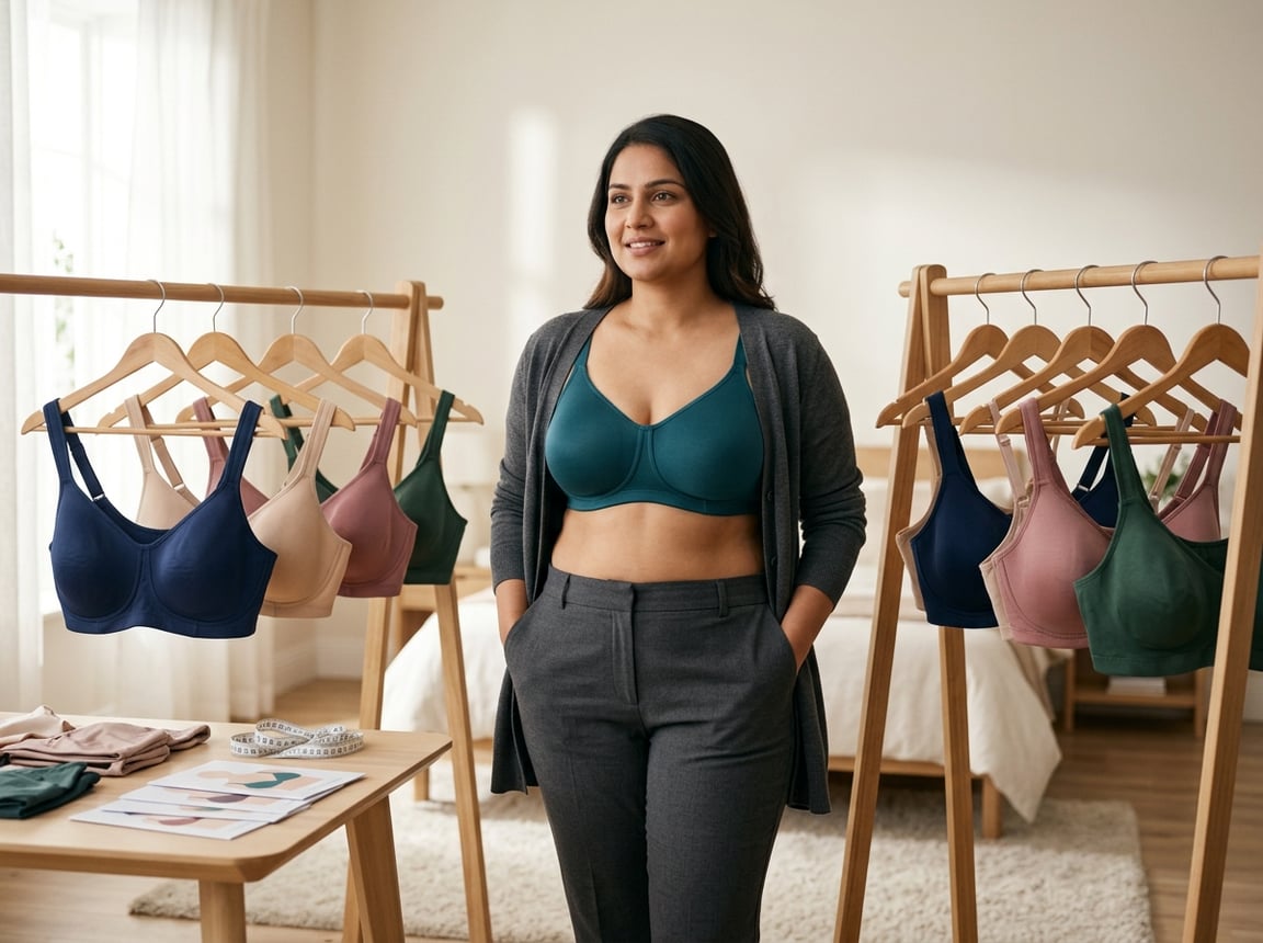 A confident South Asian woman in a modest, well-fitted bra and cardigan stands in a bright fitting room beside a rack of bras.