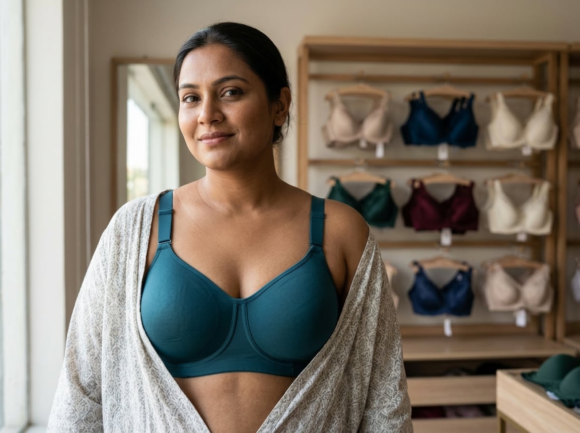 A confident South Asian woman in a supportive bra and cardigan stands beside a display of bras in a bright boutique.