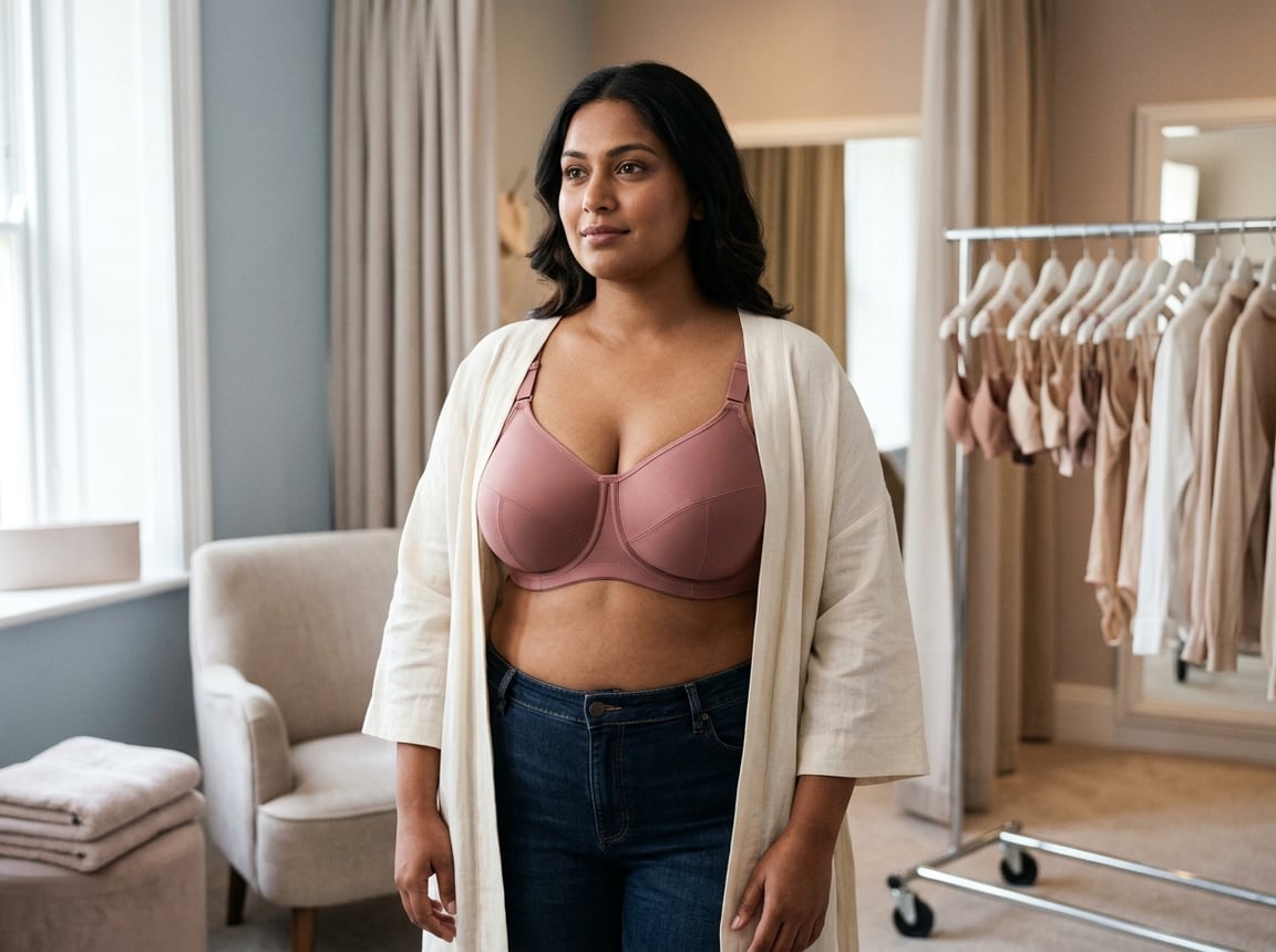 A South Asian woman wearing a supportive full-coverage bra and open robe in a bright bedroom.