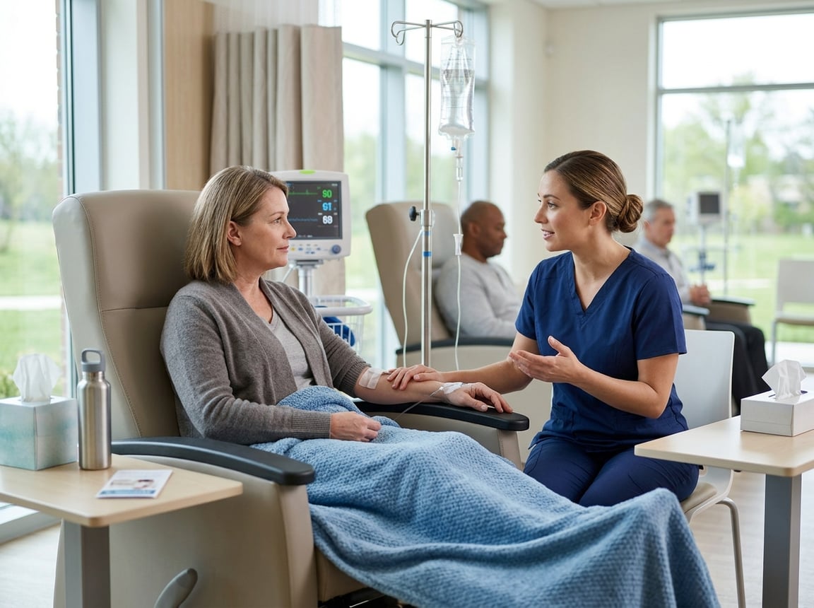 A cancer patient receives supportive guidance from an oncology nurse in a bright chemotherapy infusion room.