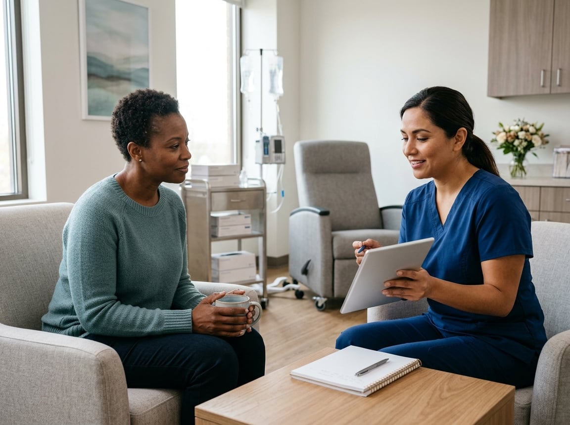 A cancer patient discusses a chemotherapy treatment plan with a healthcare professional in a calm clinic room.