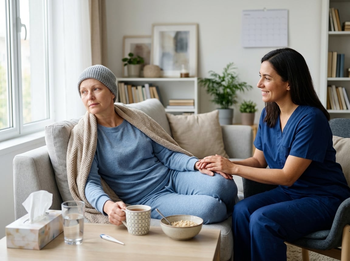 A cancer patient rests at home while a caregiver offers support, with water, light food, tissues, and a thermometer nearby.