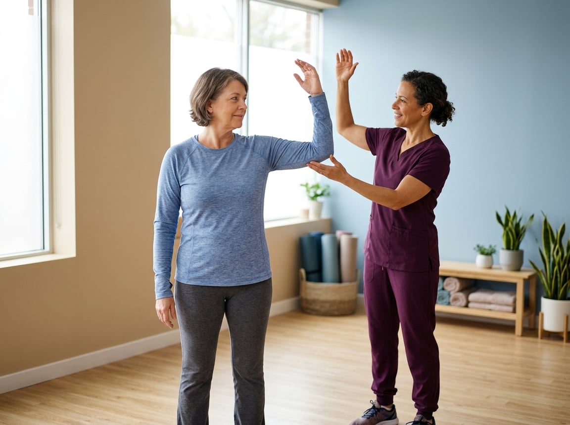 A breast cancer survivor gently practices a shoulder movement with guidance from a physical therapist in a bright wellness studio.