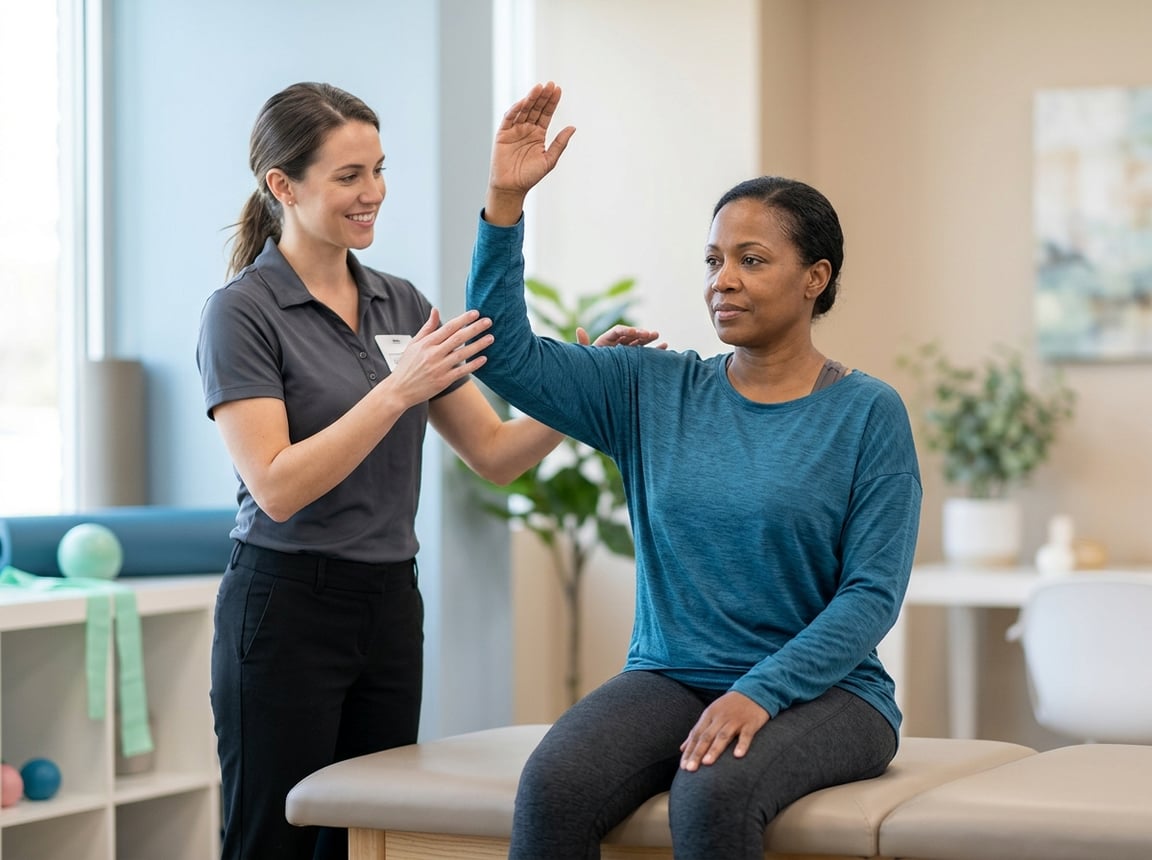 A woman recovering from mastectomy performs a gentle shoulder exercise while a physical therapist provides guidance in a bright clinic.