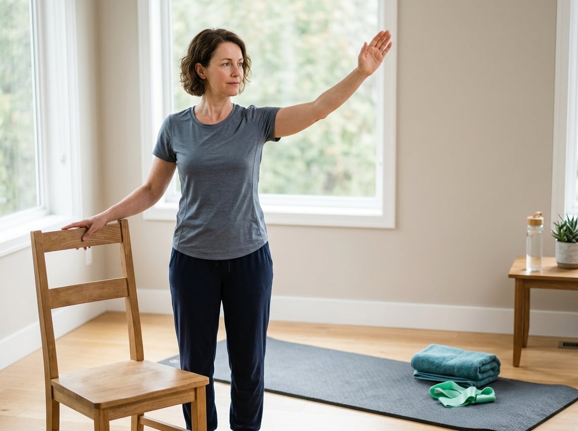 Woman gently practicing shoulder movement beside a chair in a bright room.