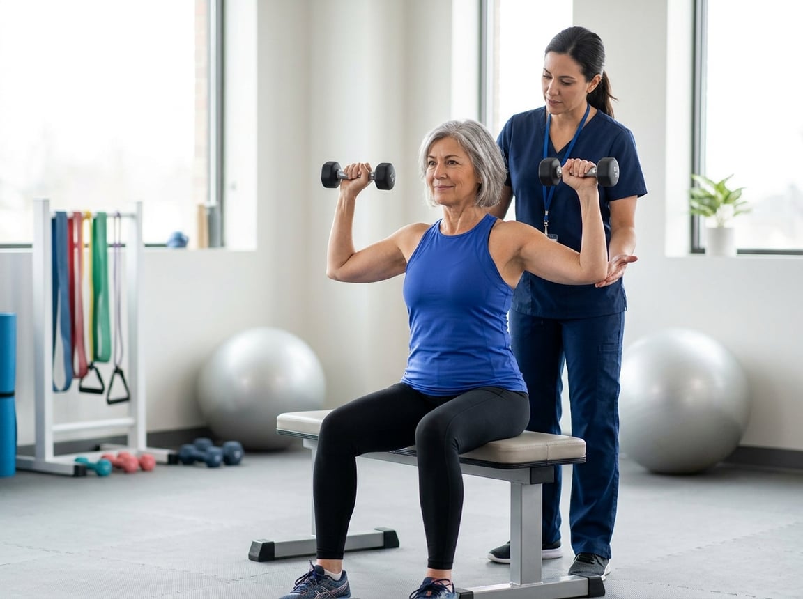 A woman performs a controlled strength exercise in a bright gym while a fitness professional guides her.
