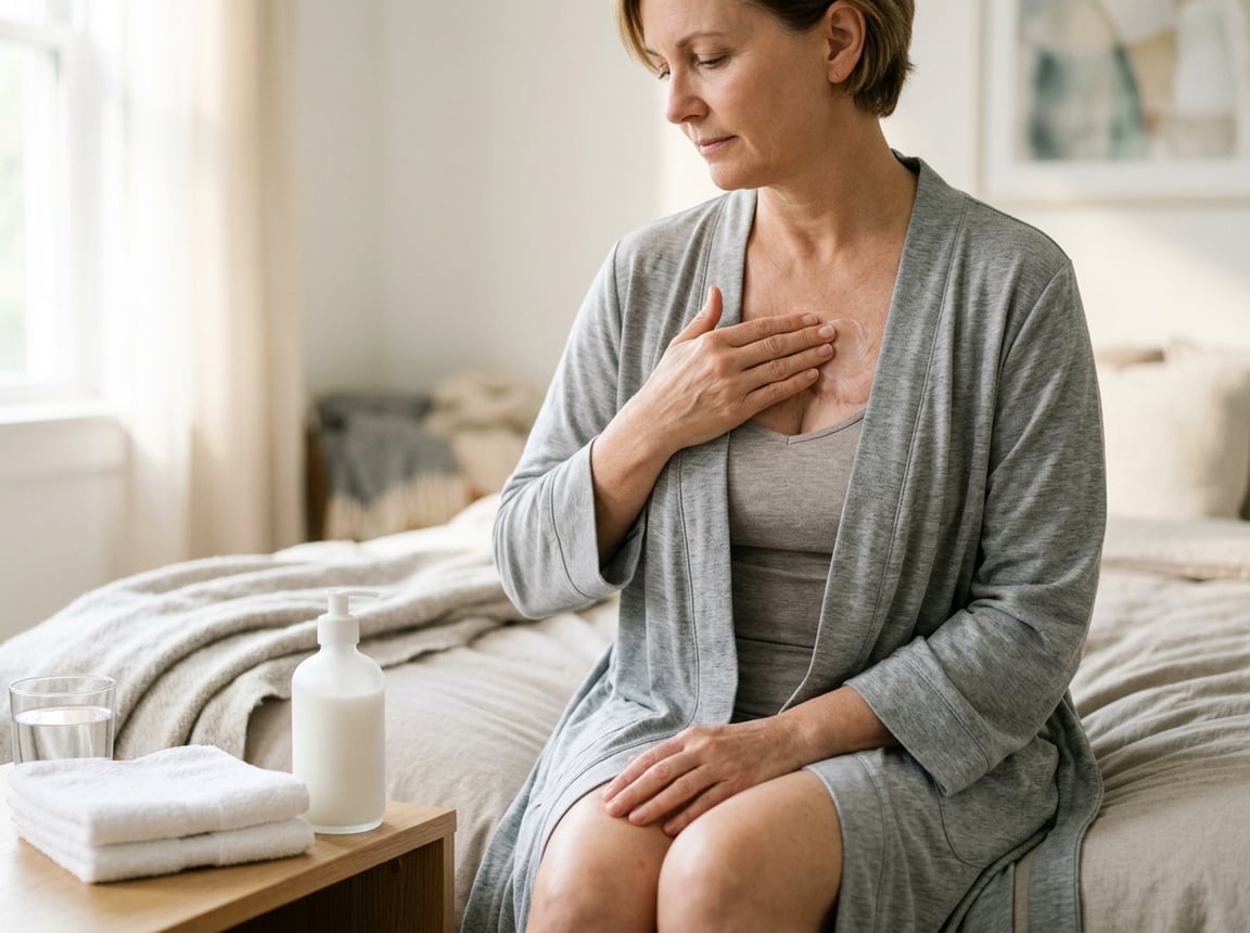A woman gently massages moisturizer around a healed mastectomy scar in a calm home setting.