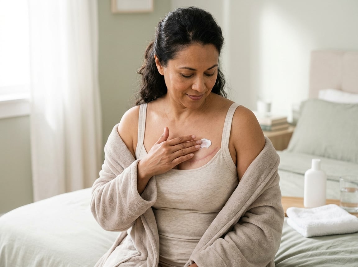 Woman gently massaging a healed mastectomy scar with moisturizer in a bright private room.