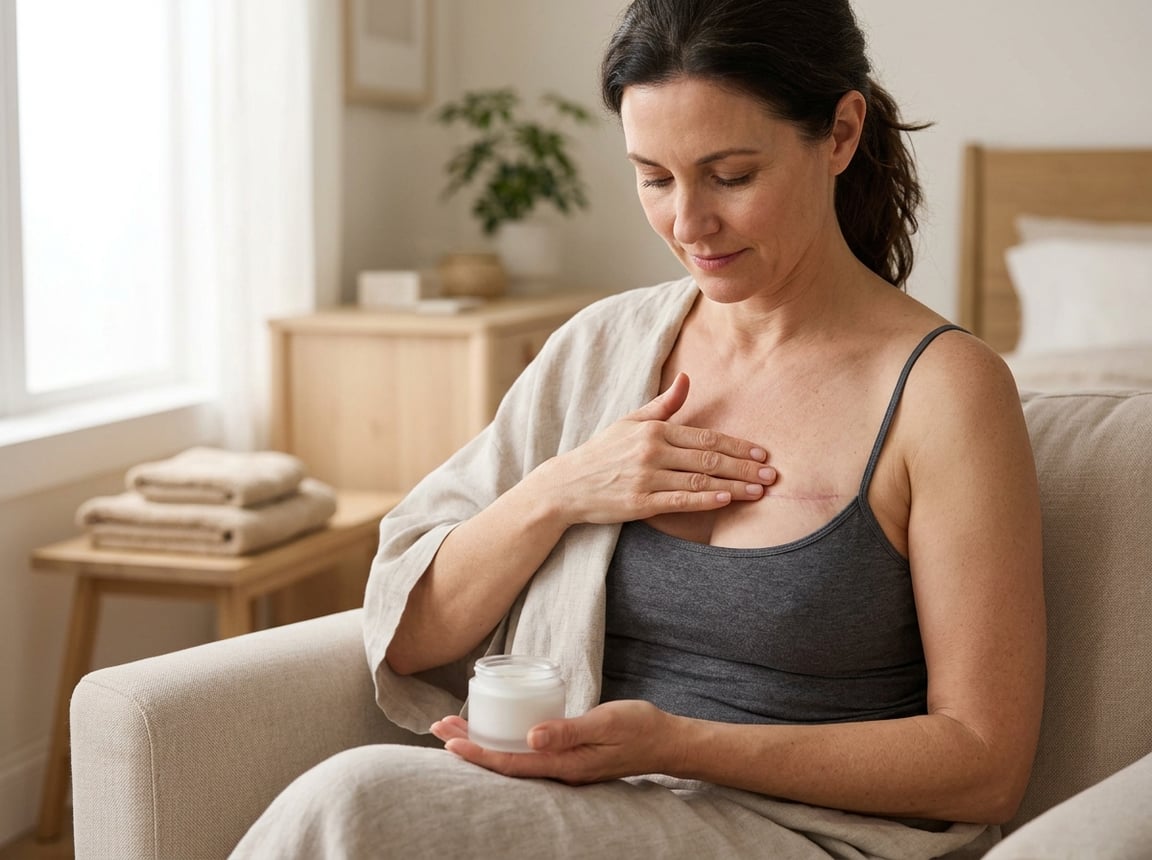 A woman gently massages a healed mastectomy scar with clean hands in a calm private setting.
