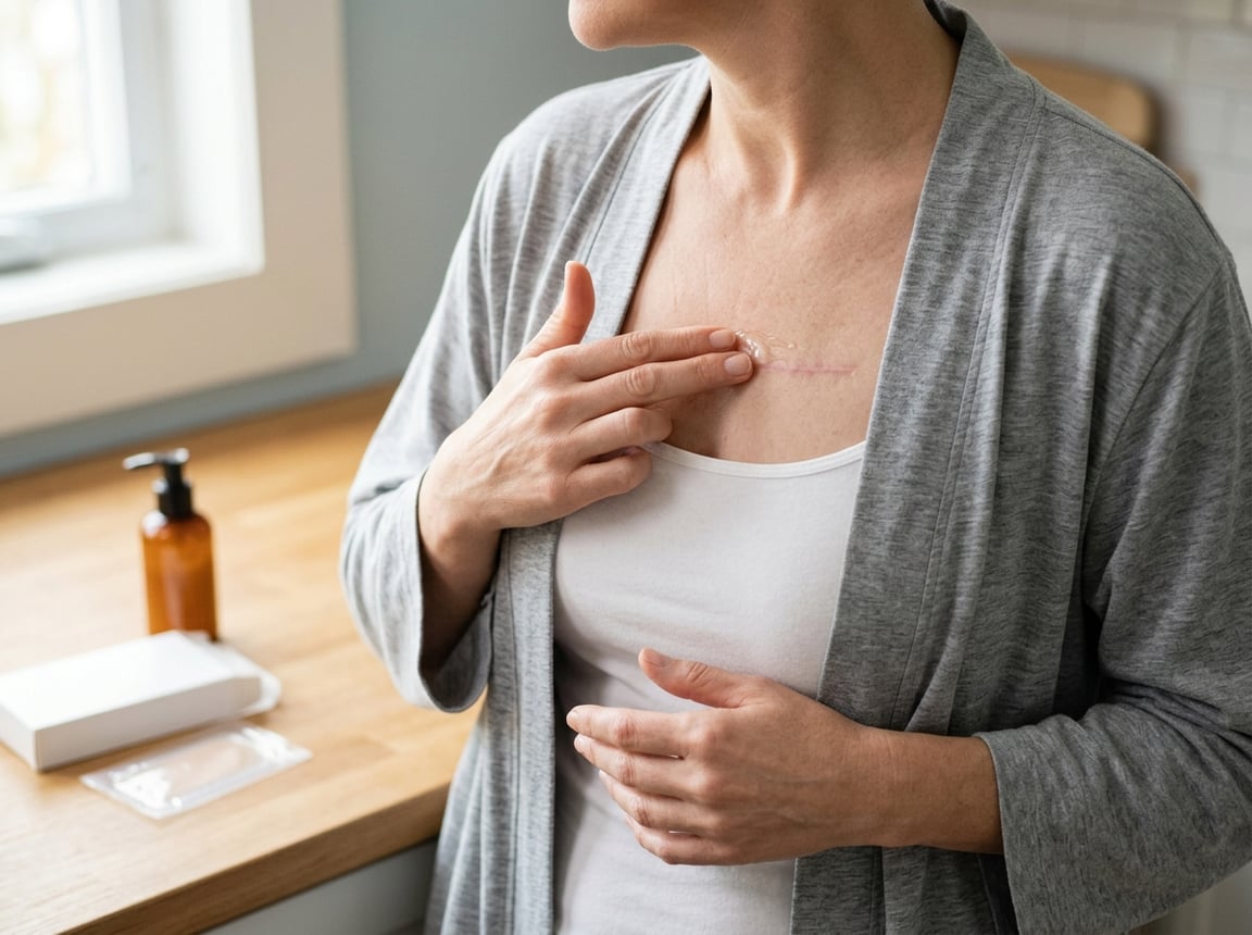 Woman gently applies moisturizer to a healed mastectomy scar.