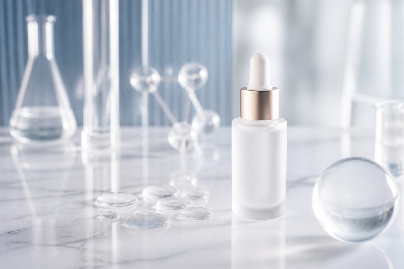A frosted serum bottle with a dropper sits on a white marble surface beside clear serum droplets and blurred laboratory glassware.