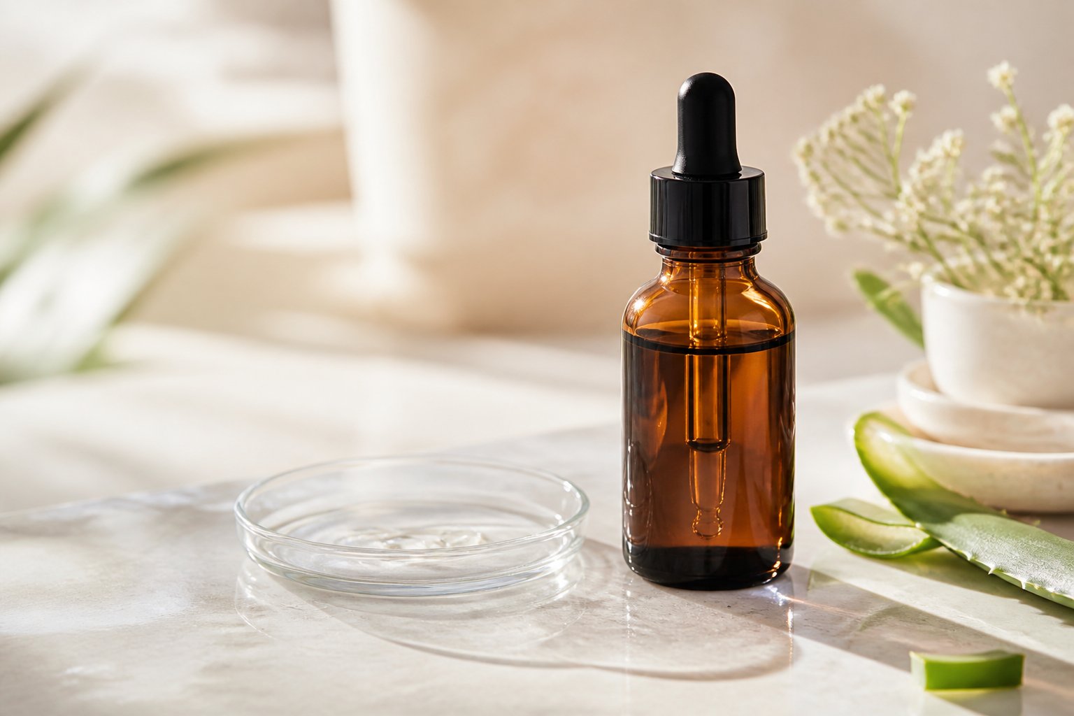An unbranded serum bottle with a dropper beside aloe leaves and a small dish of serum on a pale stone surface.